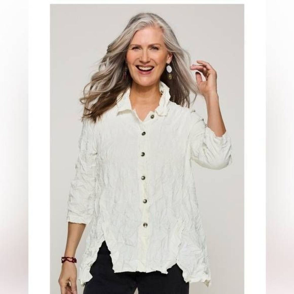 Chalet Et Ceci Kehlani White Crinkle Wrinkle Button Up Tunic Small Designer Luxu